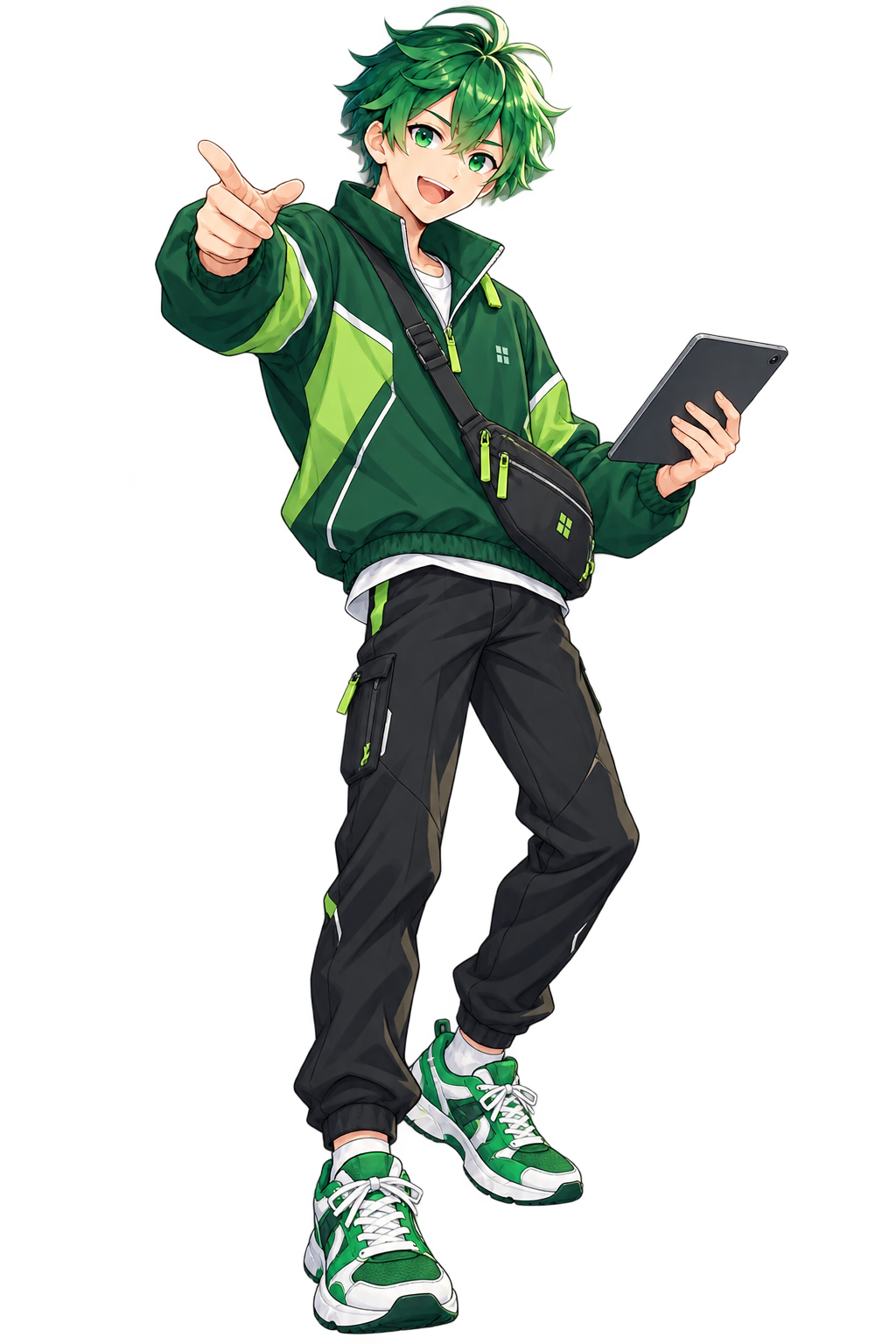 Kei in piedi, in outfit Techwear